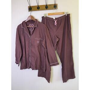 Victoria’s Secret Y2K Brown Cotton Pajama Set Pink Trim Lounge Large